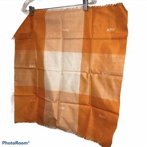 Vintage TANGERINE orange silk shantung plaid embroidered scarf